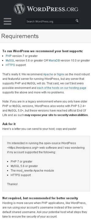 WordPress requirements